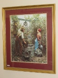 Boy/Girl Vintage Well Scene Picture Print in Gilted Wooden Frame/Matt