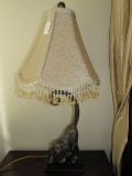 Tall Monkey Design Lamp Metal w/ Antique Patina Tan Shade w/ Tassels