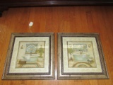 Pair - Bathtub Picture Prints in Silver Patina Twist Trim Wooden Frames/Matts
