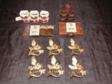 Lot - 6 Ceramic Christmas, 6 Wooden, Napkin Rings, Dove/Trumpets Décor, Toothpick Holders