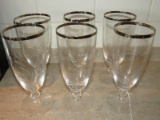 6 Tall Crystal Glass Pilsners Etched Floral Pattern Silver Band Trim