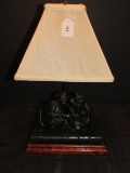 2 Monkeys on Book Design lamp w/ White Shade, Wood Base