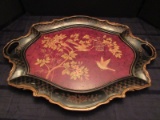Large Wooden Décor Tray Scroll Gilted Trim 2 Handles Black, Cross/Floral Pattern Band