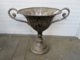 Tall Metal Trophy Design Planter w/ Scroll Handles Spindle Stem, Ribbed Body, Wide Top