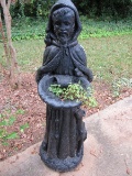 Tall Standing Black Concrete Monk w/ Birth Bath Bowl Garden Décor