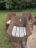 3 Brown Wicker/Wood Patio Chairs Diamond Pattern Curled Back/Arms