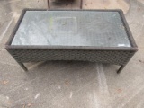 Gray Wicker/Wood Patio Table w/ Glass Top Diamond Pattern Sides Arched Skirting