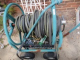 Green Metal Hose Mobile on Wheels w/ Hose & Attached Coca-Cola Black Tray w/ Contents