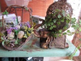 Sitting Antique Patina Elephant w/ Plant Pot Top Faux Plant