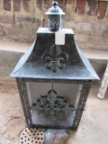 Antique Patina Metal Wall Mounted Display Cabinet Fleur De Lis Top, Ornate Center
