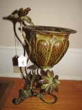 Antique Patina Scroll/Floral Planter Pot w/ Hummingbird Motif Top