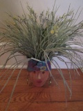 Whimsical African Woman Head Plant Pot w/ Metal Hoop Earrings w/ Faux Plant