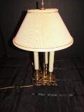 Twin Light Lamp Ornate Brass Base 3 Candlestick Motif w/ Tan Trim Shade w/ Handle