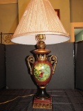 Ceramic Grecian Urn Design Lamp 2 Scroll Handles, Red Body w/ Birds of Paradise Oval Front