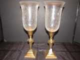 Pair - Brass Tall Standing Candle Holders w/ Crackle Glass Trumpet Shades