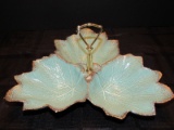 Blue Ceramic Blue 3-Part Dip-Dish 723 Calif Orug U.S.A. Leaf Design Gilted Trim w/ Handle