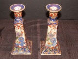 Pair - Tall Ceramic Candle Stick Holders Asian Design w/ Blue/Gilted Floral Pattern