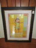 Dancing Child w/ Chicken Picture Print in Black/Gilt Trim Wooden Frame/Matt