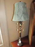 Antique Patina Tall Metal Lamp Scallop Base w/ Hanging Loop/Beads Green Pin Shade