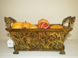 Metal Antique Patina Floral Pattern Stand w/ Faux Pumpkins, Lion Handles