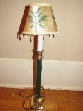 Tall Black/Brass Metal Lamp w/ Green Palm Pattern Shade