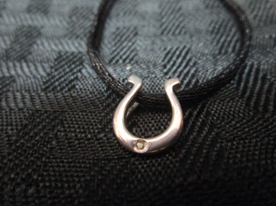 925 RJ Stamped Horseshoe Pendant w/ Diamond on Cord Necklace