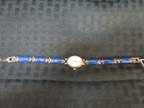 Sterling Silver 925 Stamped Frame Watch, Blue Stone Strap by Aria