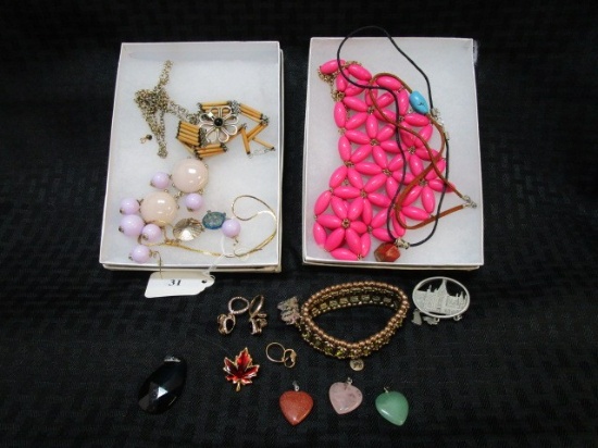 Misc. Necklace Lot - Pink Bead Necklace, Leather Strap w/ Colored Stone Pendants