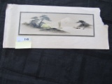 Vintage Hand Painted Japanese Mt Fuji Scene on Rice Paper