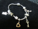 Silver Persona Label Bracelet w/ Snoopy, Bride/Groom, Heart, Key, Shoes Pendants