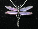 Tibetan Purple Shell Dragonfly Brooch Pendant w/ 925 Stamped Chain