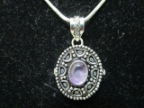 Oval 925 Poison Pendant w/ Amethyst Gem Center w/ 925 Stamped Chain