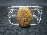 925 Stamped Scroll Motif Bracelet w/ Large Jasper Stone Center