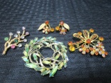 3 Rhinestone Pins, Pair Clip On Earrings Multicolored Stones Floral Design Motif