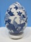 Semi-Porcelain Egg Form w/ Base Blue & White Bird & Garden Design