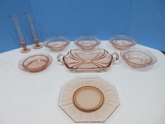 Lot - Pink Depression Glass 4 Royal Lace Pattern Hazel-Atlas Circa 1934-1941 Bowl 6 1/2"
