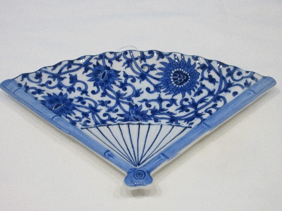 Blue & White Semi-Porcelain Oriental Floral Vine Pattern Fan Design Pin Dish Tray