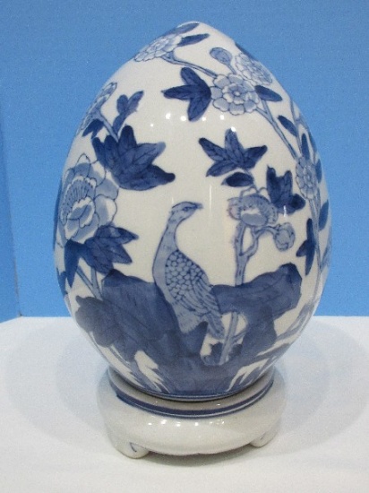 Semi-Porcelain Egg Form w/ Base Blue & White Bird & Garden Design