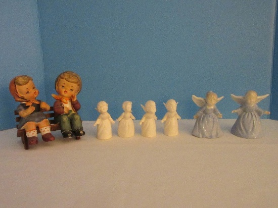 Lot - Hummel Style Boy & Girl Sitting on Bench 5 3/4", Boy/Girl Figural Kissing Angel Bells 3 1/2"