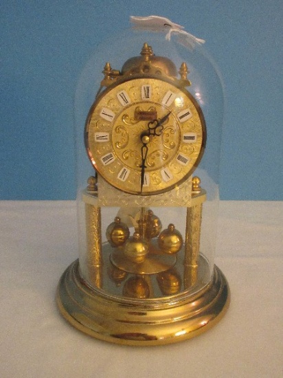 9 1/2" Hermle Quartz Anniversary Clock w/ Glass Dome Ornately Embellished & Bell Chime