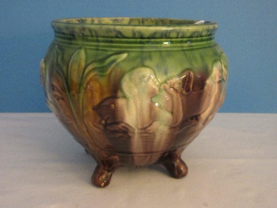 Majolica Style Jardinière Footed Planter Figural Relief Design