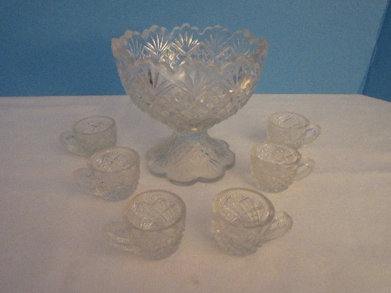 Miniature Pressed Glass Pedestal 4 1/4" H Punch Bowl w/ 6 Handled Cups