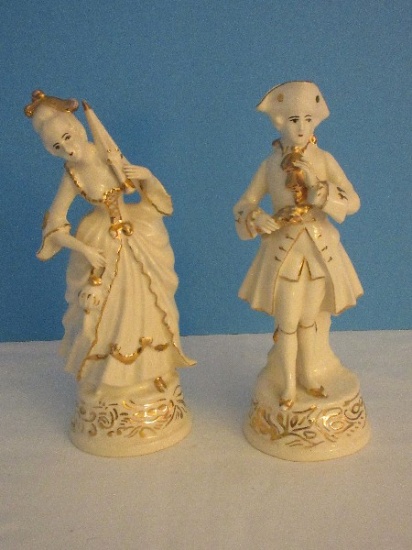 Pair - Coventry Porcelain "La Belle" & "La Beau" Victorian 9 1/4" Figurines w/ Gilt Trim