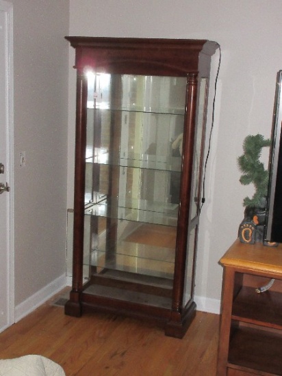 Stately Lighted Curio Cabinet w/ Mirrored Back, Glass Shelves & Demilune Columns