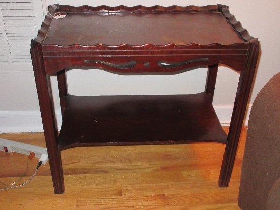 Depression Era Style Mahogany Side Table w/ Scallop Trim & Base Shelf