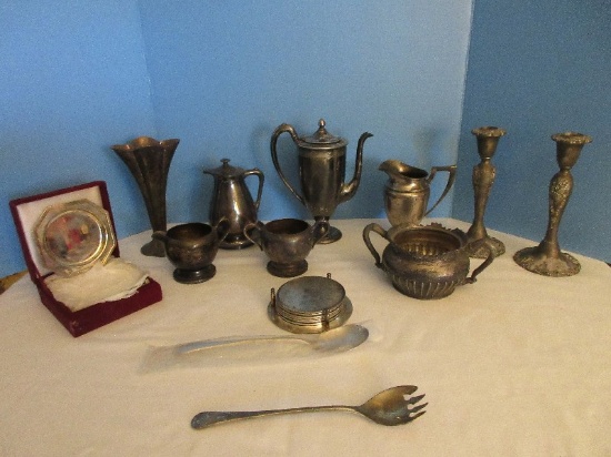 Super Lot - Silverplate Salad Fork/Spoon, Pair Godinger Ornate Candle Sticks