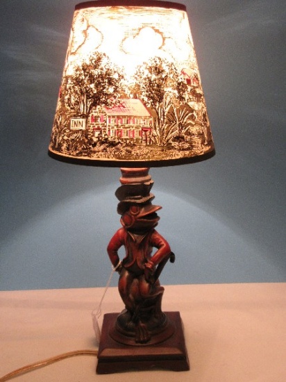 Whimsical Tuxedo Frog w/ Cane Figural Accent Lamp w/ Village Landscape Shade