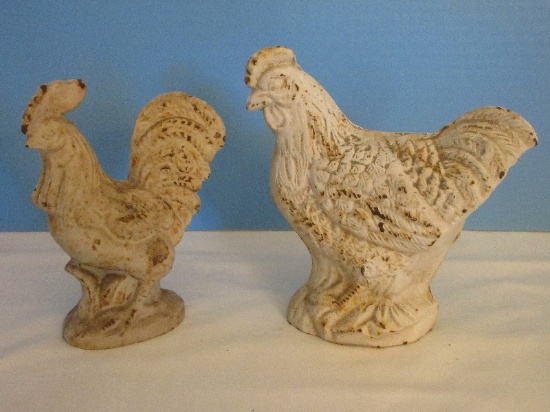 Pair - Cast Iron Poultry Figural Rooster & Hen Antique Patina