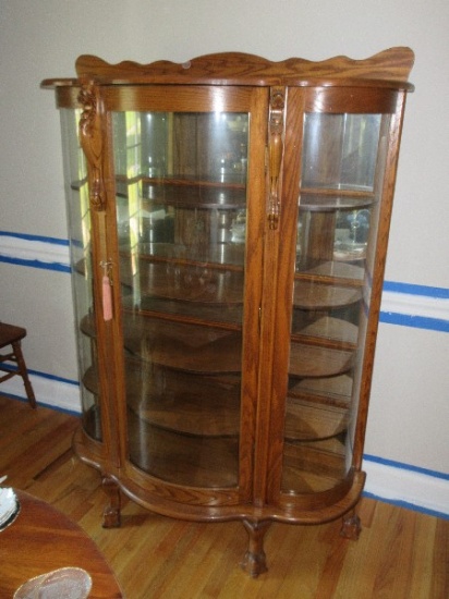 Stunning Victorian Era Style Oak Ornately Carved Bow Front China Cabinet w/ Mirrored Back