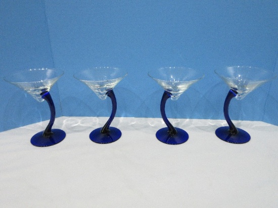 Set - 4 Awesome Hand Crafted Cocktail Cobalt Blue Stems to Clear Offset Bowls